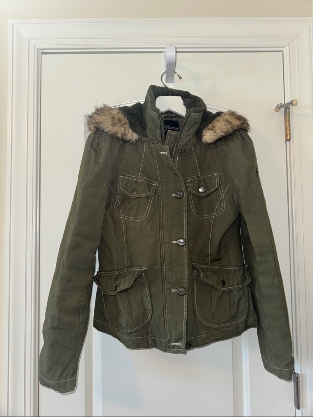 Guess Olive Utility Jacket with Faux Fur-Trim Hood